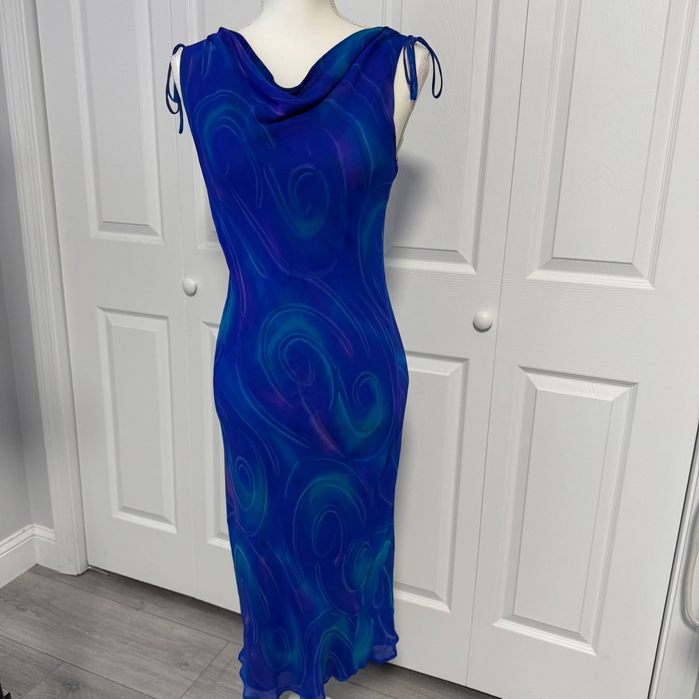 Simply Silk Vintage 90s Blue Abstract Silk Cowl Neck Midi Dress with Scarf M